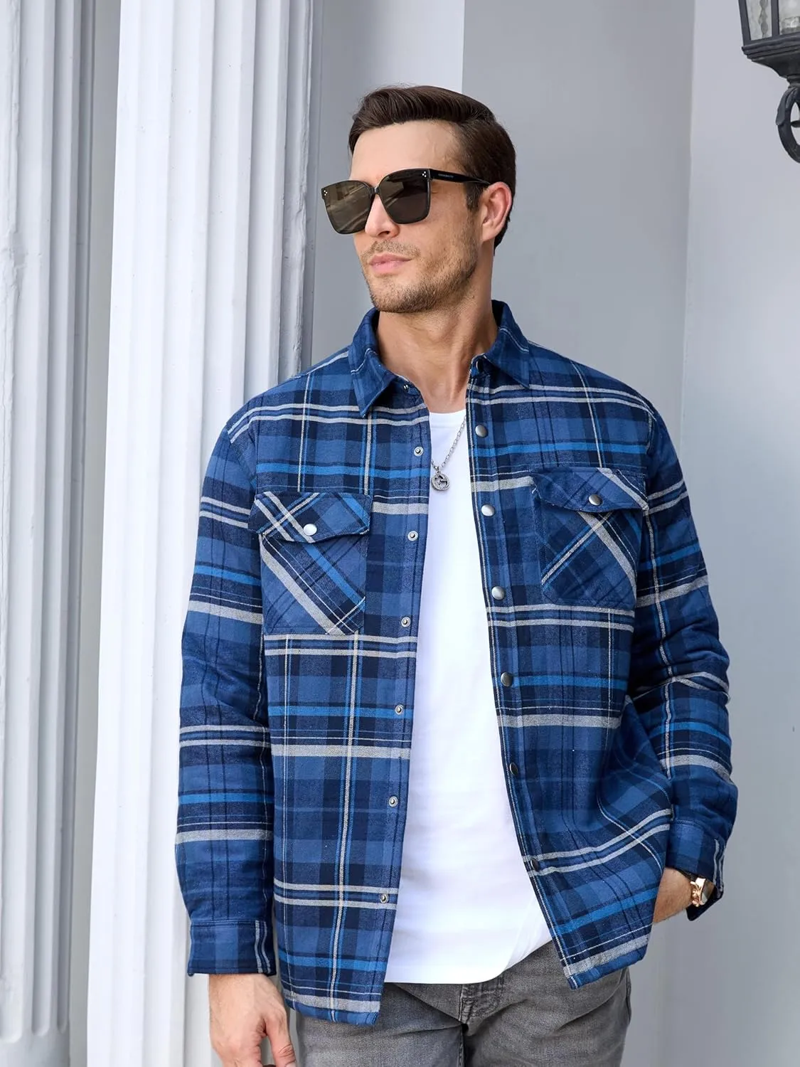 TACVASEN Men's Flannel Shirt Jacket Quilted Lined Long Sleeve Button Down Shirts Jacket