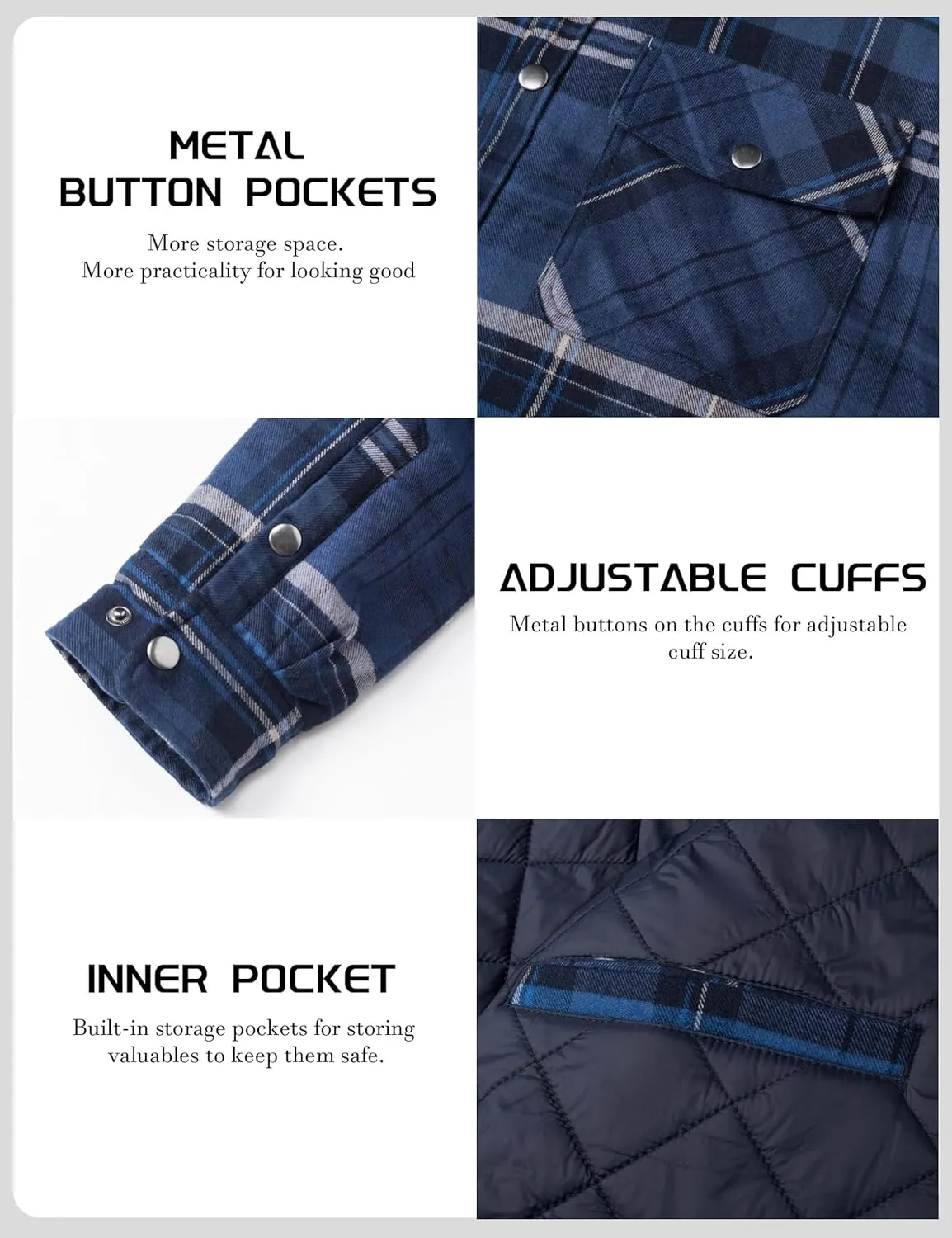 TACVASEN Men's Flannel Shirt Jacket Quilted Lined Long Sleeve Button Down Shirts Jacket