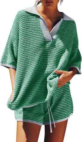 Tankaneo Womens Sweater Set 2 Piece Outfits Oversized 3/4 Sleeve V Neck Knit Tops High Waisted Shorts Lounge Sets