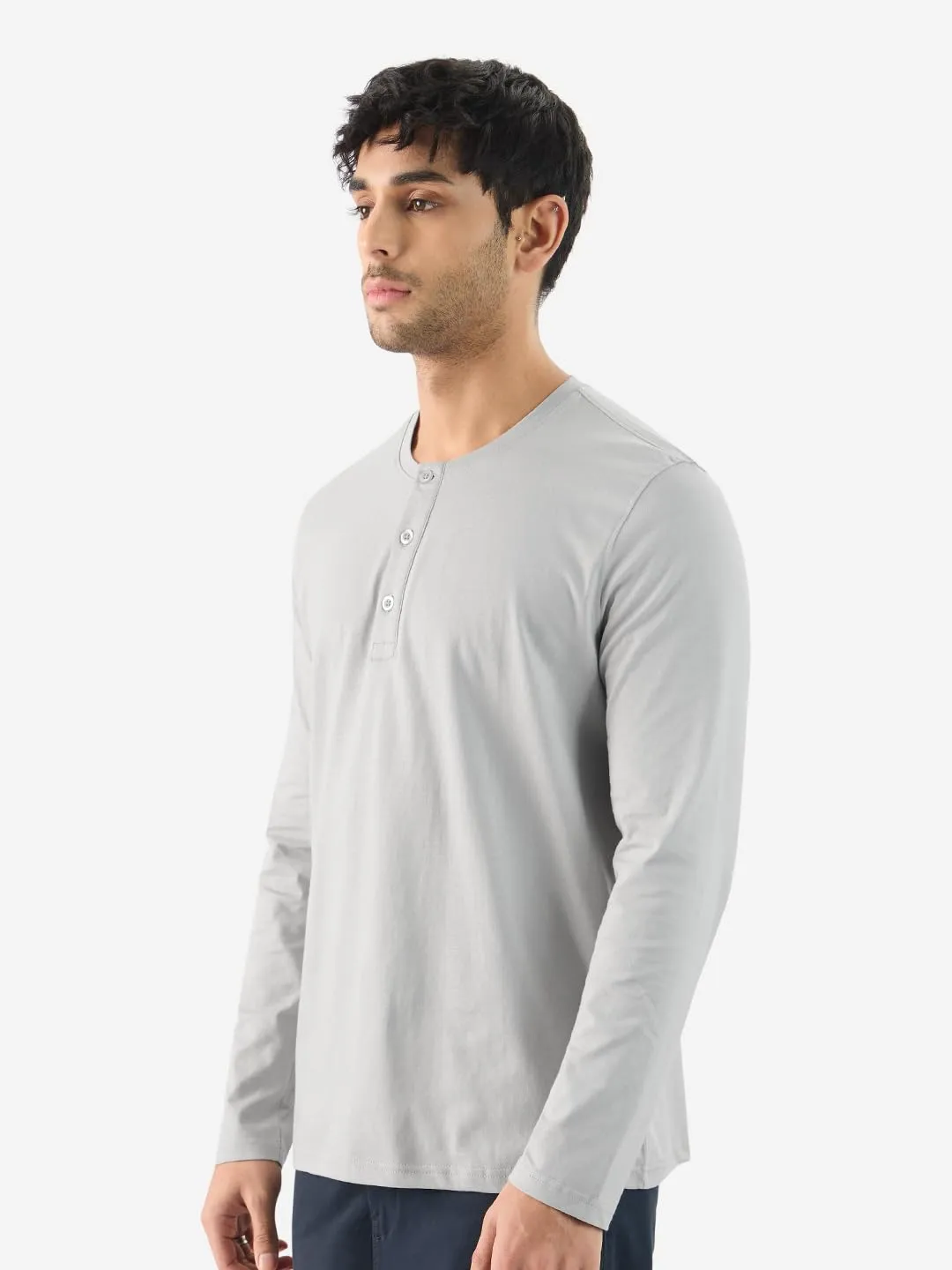 The Souled Store Solids: Light Grey Men and Boys Long Sleeve Regular Fit Cotton Henley T-Shirts