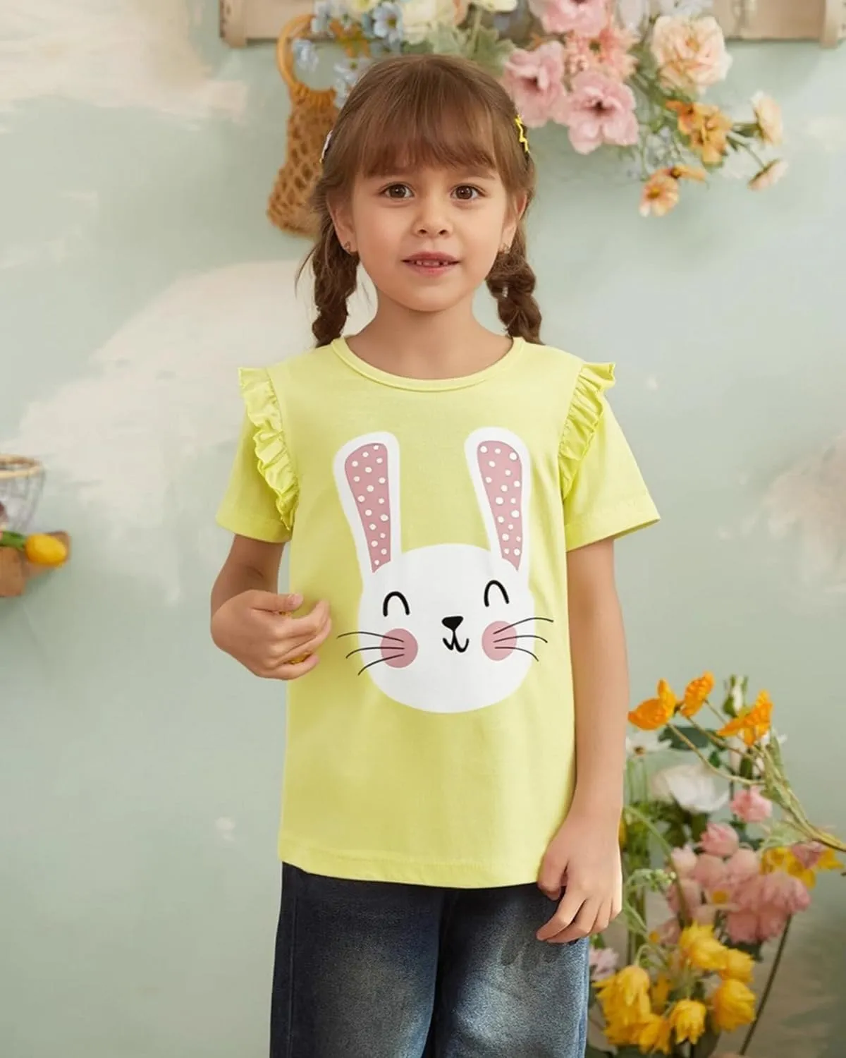 Toddler Girls Bunny Shirts Ruffle Short Sleeve Baby Easter T-Shirt Cotton Cute Tank Tees Tops 1-7 Years