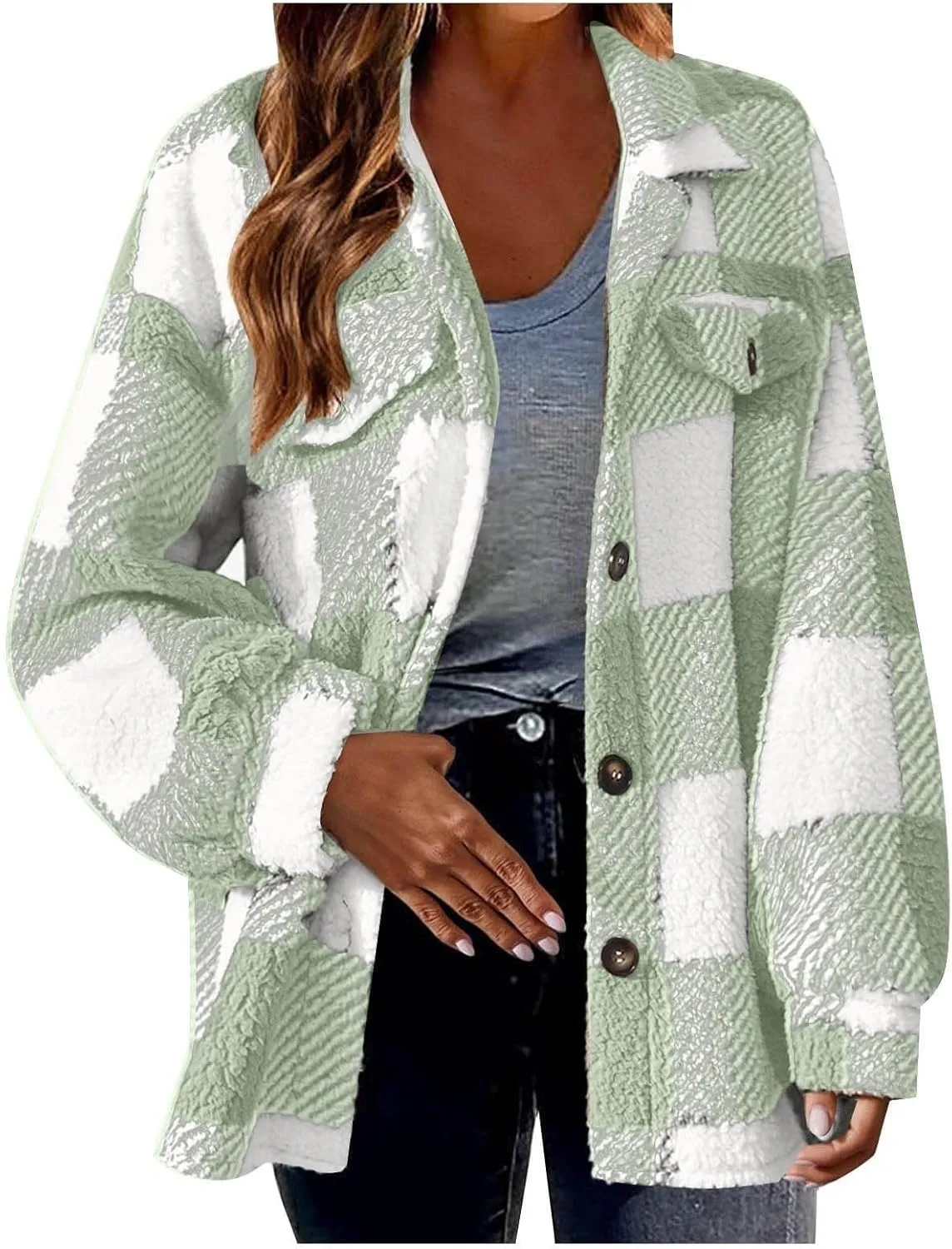 TWGONE Womens Plaid Shacket Jacket Fleece Lapel Button Down Jackets Casual Long Sleeve Flannel Coats Winter Warm Clothes