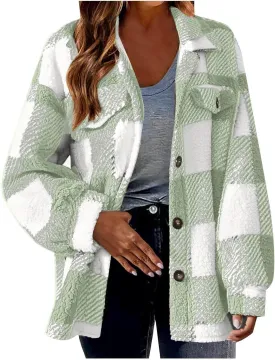 TWGONE Womens Plaid Shacket Jacket Fleece Lapel Button Down Jackets Casual Long Sleeve Flannel Coats Winter Warm Clothes