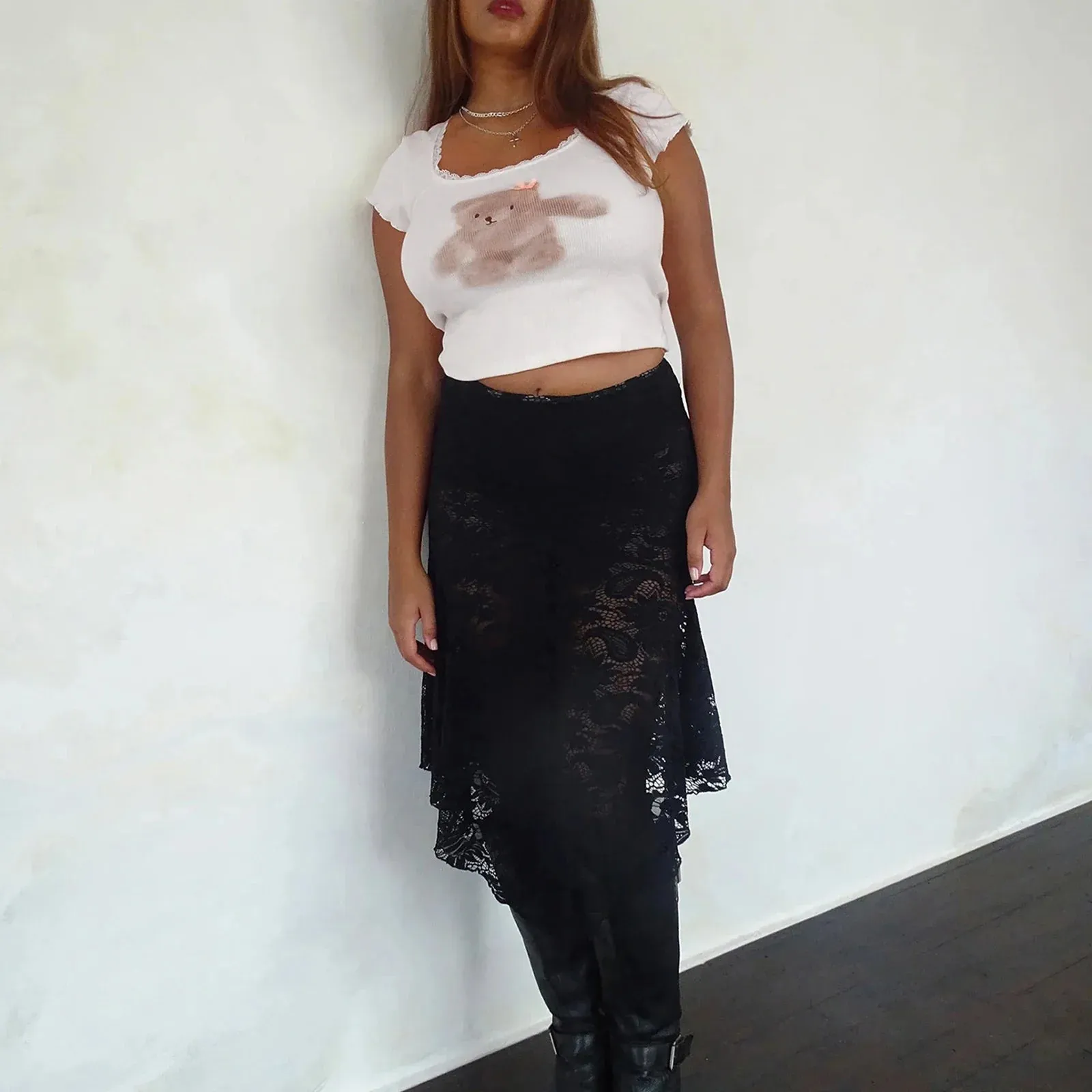 U Neck Short Sleeve Bear Print Lace Trim Slim Fit Kawaii Streetwear Summer T-shirt