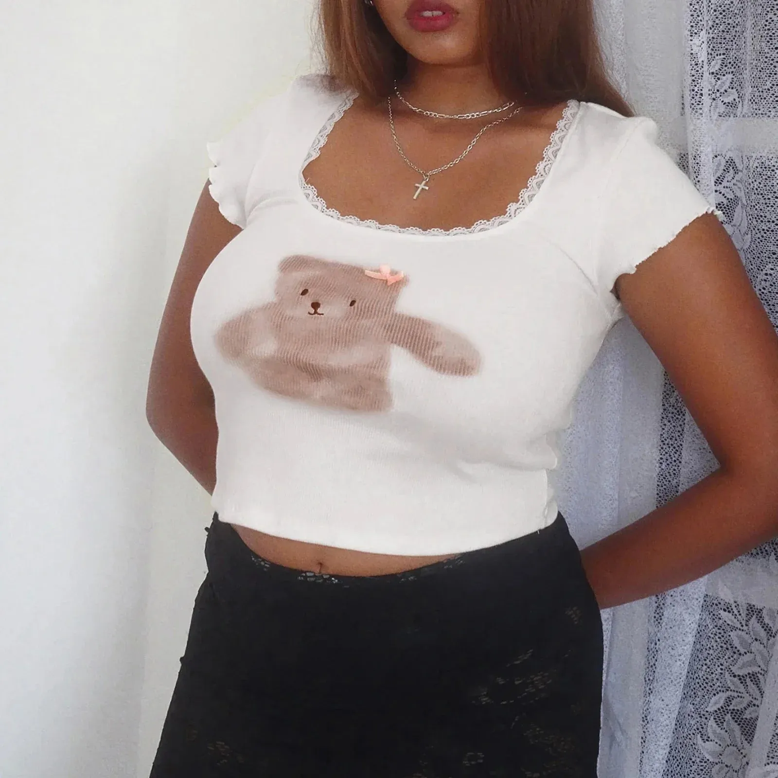 U Neck Short Sleeve Bear Print Lace Trim Slim Fit Kawaii Streetwear Summer T-shirt