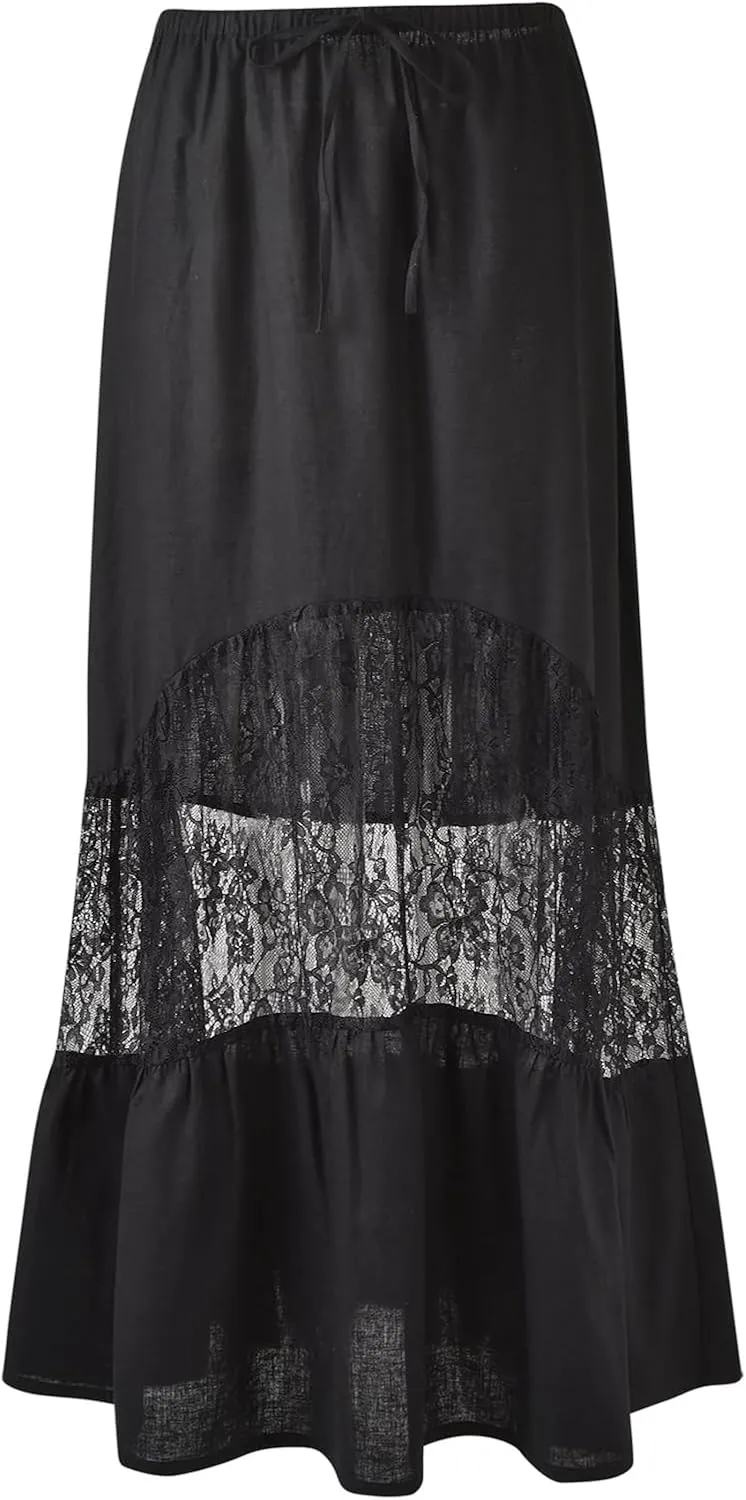 Women Grunge Lace Maxi Skirt Low Waist Asymmetrical High Low A Line Flowy Long Skirt Sheer Mesh See-Through Beach Midi Skirt