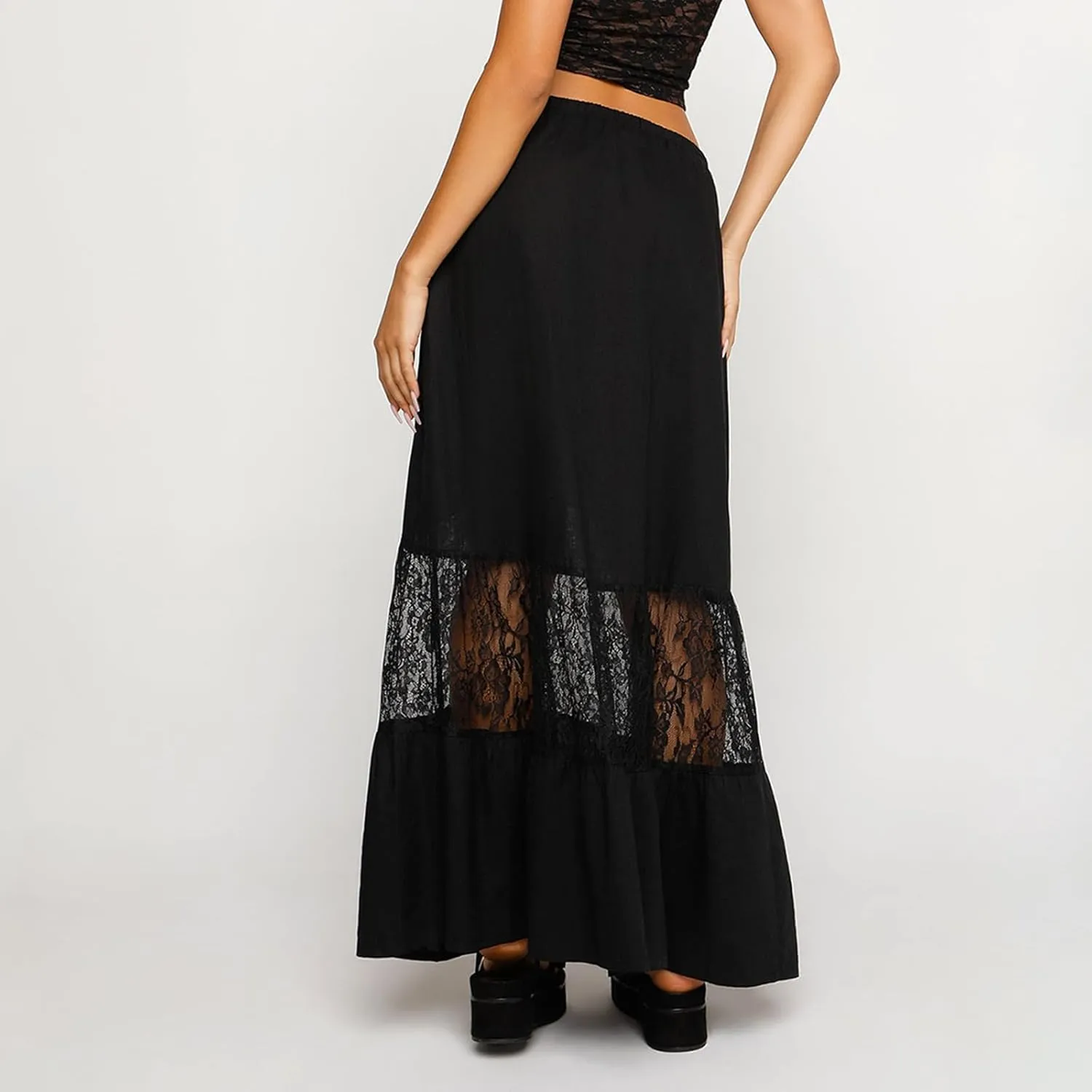 Women Grunge Lace Maxi Skirt Low Waist Asymmetrical High Low A Line Flowy Long Skirt Sheer Mesh See-Through Beach Midi Skirt