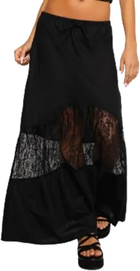 Women Grunge Lace Maxi Skirt Low Waist Asymmetrical High Low A Line Flowy Long Skirt Sheer Mesh See-Through Beach Midi Skirt