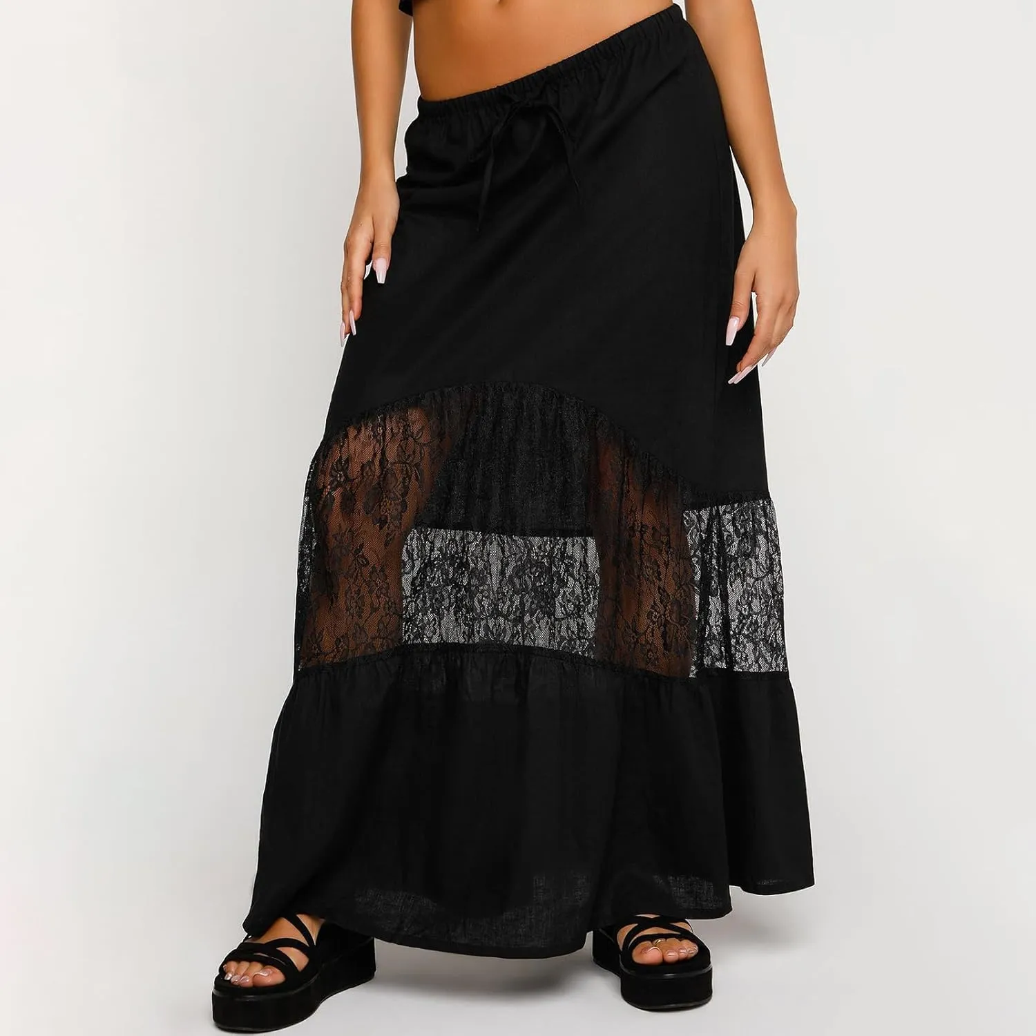 Women Grunge Lace Maxi Skirt Low Waist Asymmetrical High Low A Line Flowy Long Skirt Sheer Mesh See-Through Beach Midi Skirt
