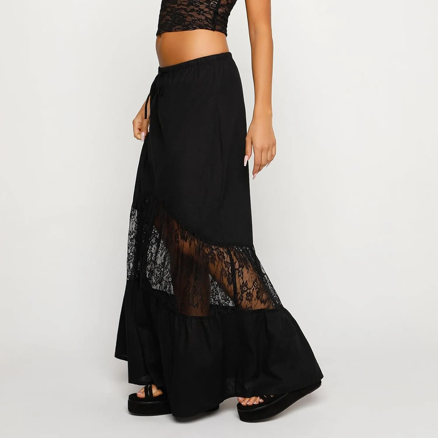 Women Grunge Lace Maxi Skirt Low Waist Asymmetrical High Low A Line Flowy Long Skirt Sheer Mesh See-Through Beach Midi Skirt