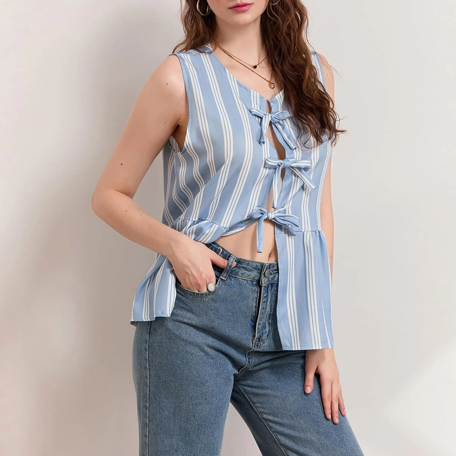 Women Striped Tie Front Top Y2k Sleeveless Bow Knot Ruffle Hem Peplum Vest Summer Cute Babydoll Going Out Top