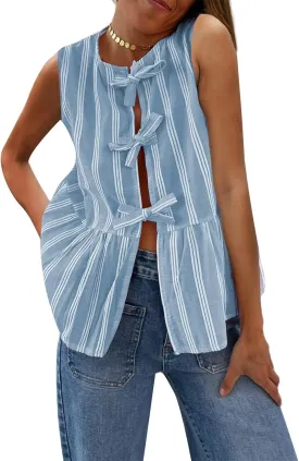 Women Striped Tie Front Top Y2k Sleeveless Bow Knot Ruffle Hem Peplum Vest Summer Cute Babydoll Going Out Top