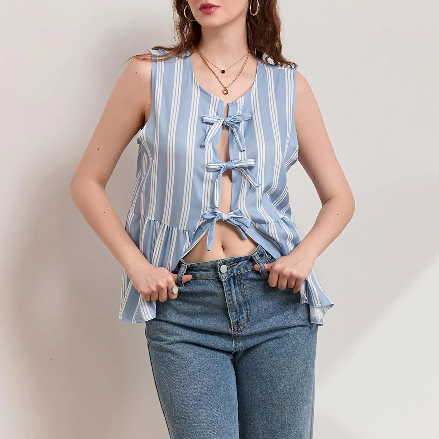 Women Striped Tie Front Top Y2k Sleeveless Bow Knot Ruffle Hem Peplum Vest Summer Cute Babydoll Going Out Top