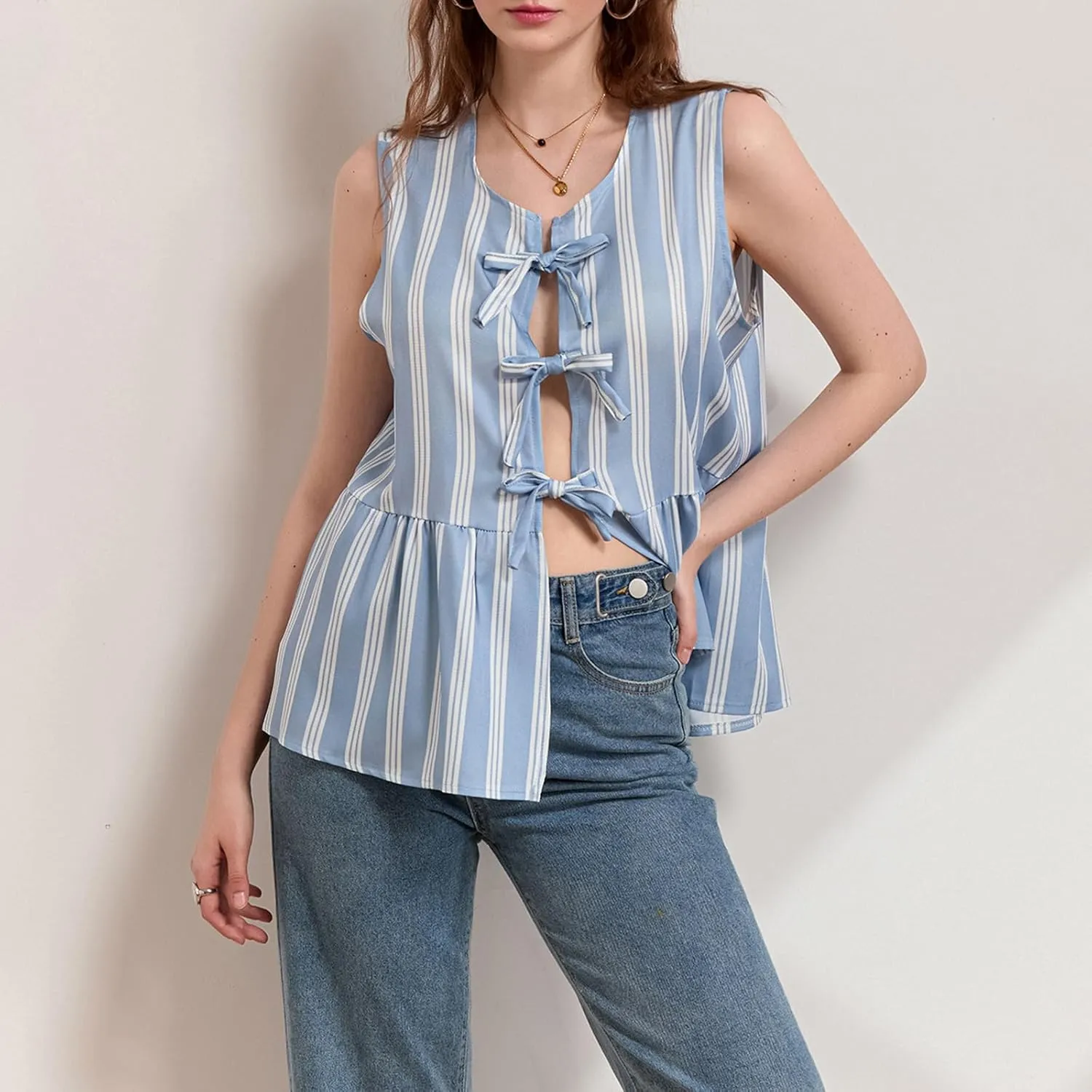 Women Striped Tie Front Top Y2k Sleeveless Bow Knot Ruffle Hem Peplum Vest Summer Cute Babydoll Going Out Top