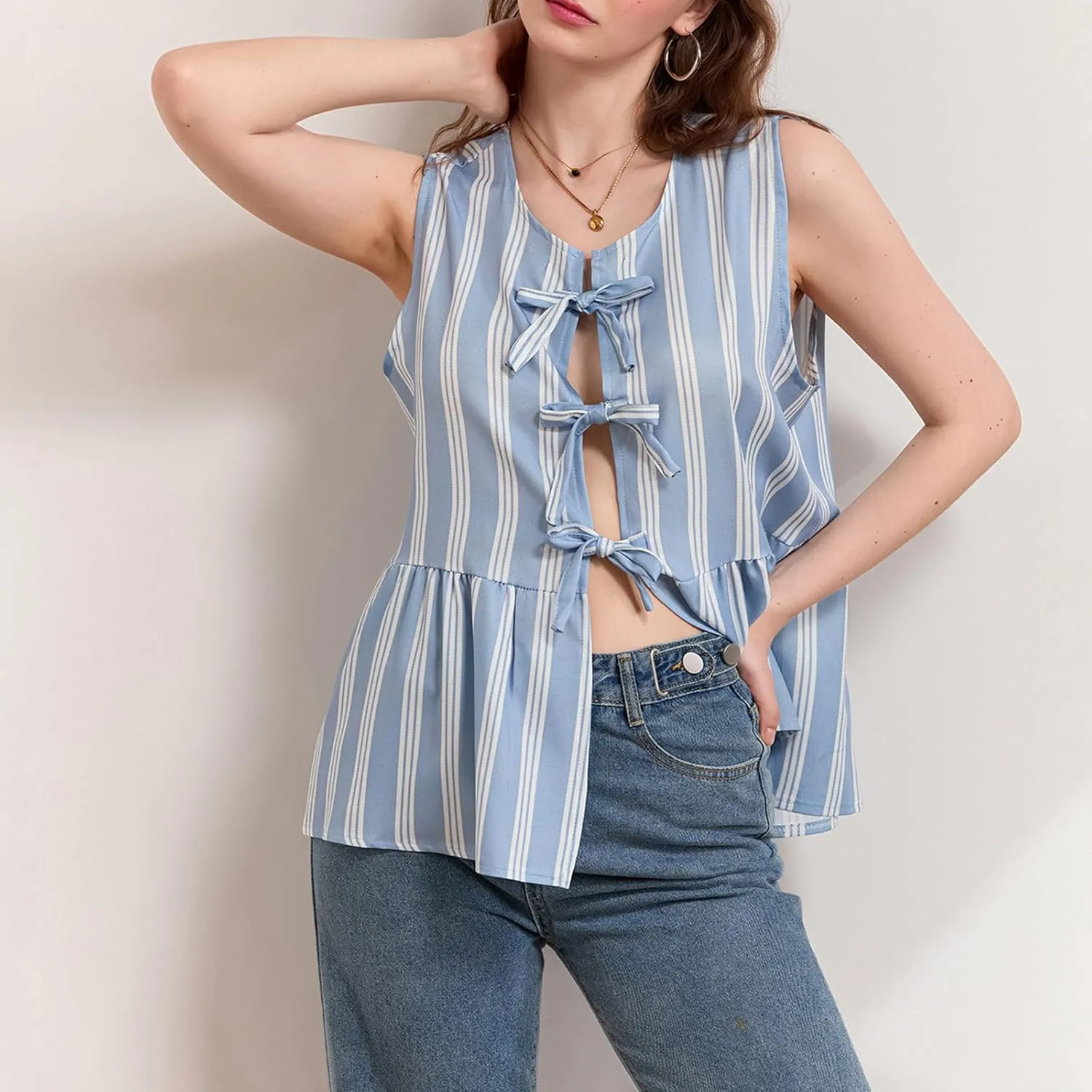 Women Striped Tie Front Top Y2k Sleeveless Bow Knot Ruffle Hem Peplum Vest Summer Cute Babydoll Going Out Top