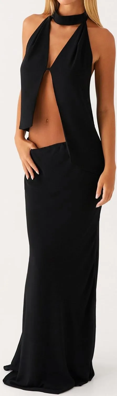 Women Y2k Long Skirt Sets Sexy Cutout Backless Asymmetric Halter Top with Maxi Skirt Cocktail Party 2 Piece Outfits