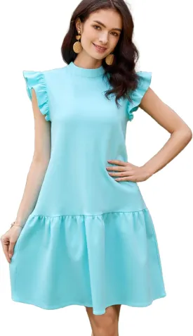 Women's Casual Ruffle Sleeve Mini Dress Soft Loose Fit Summer T-Shirt Dress with Flowy Hem