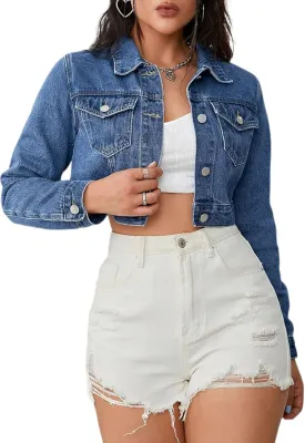 Women's Cropped Denim Washed Distressed Button Down Long Sleeve Jean Jacket Coats