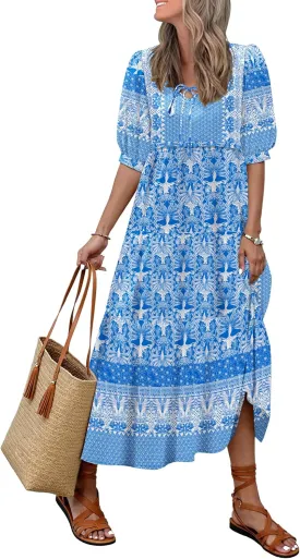 Women's Floral Boho Maxi Dress 2025 Summer V Neck Puff Sleeve Casual Loose Flowy Long Beach Dresses