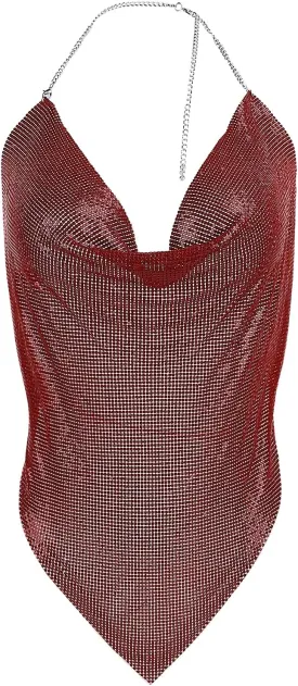 Womens Sexy Sequin Halter Crop Top Metallic Glitter Backless Deep V Sleeveless Tank Top Body Chain Top ClubParty Outfit