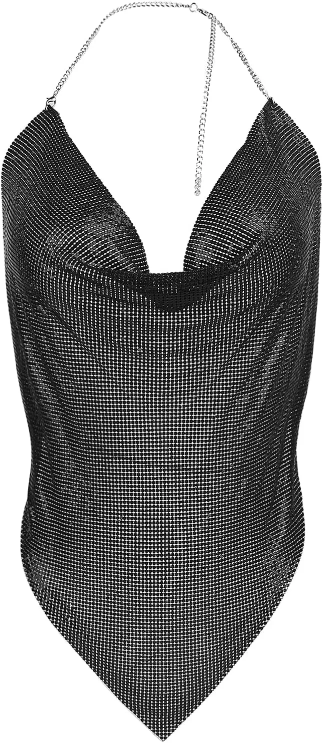 Womens Sexy Sequin Halter Crop Top Metallic Glitter Backless Deep V Sleeveless Tank Top Body Chain Top ClubParty Outfit
