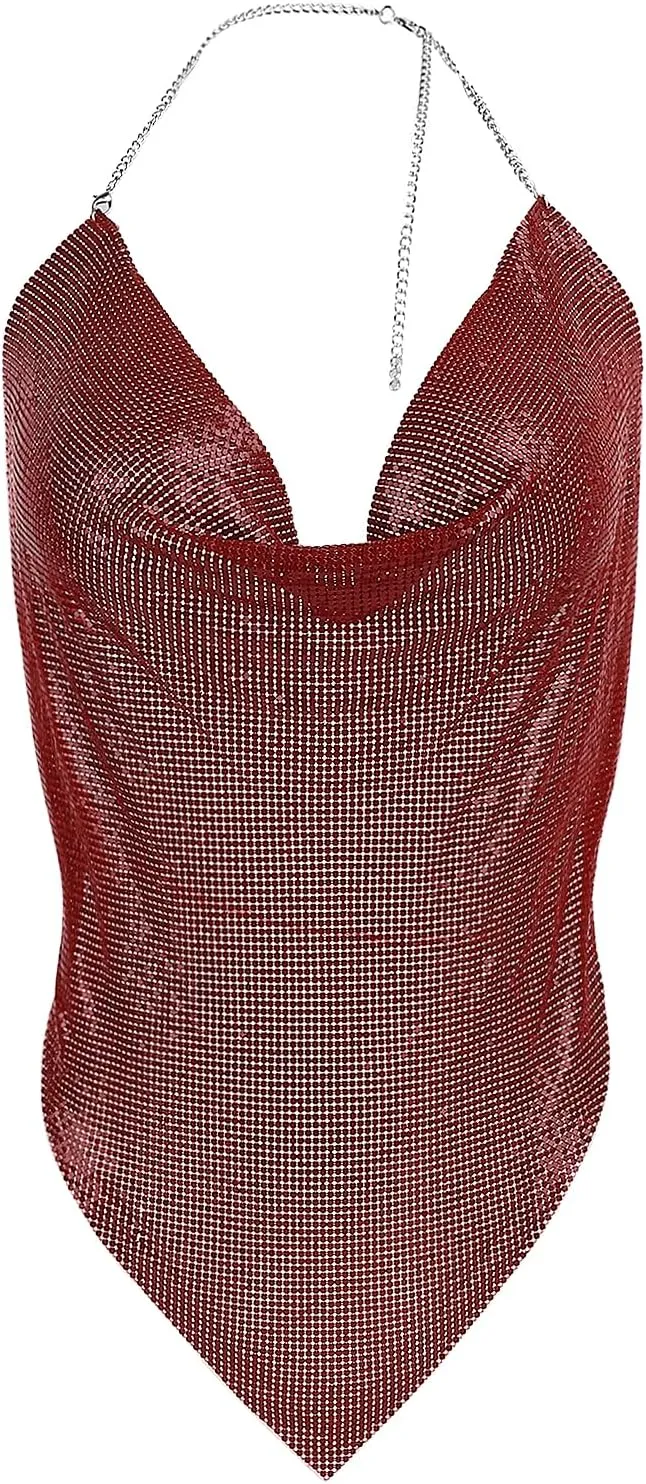 Womens Sexy Sequin Halter Crop Top Metallic Glitter Backless Deep V Sleeveless Tank Top Body Chain Top ClubParty Outfit
