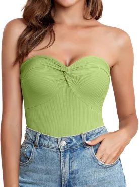 Womens Strapless Tube Tops Cute Knit Tank Top Sexy Ribbed Twisted Knot Front Sleeveless Backless Y2K Going Out Cami Tank Top