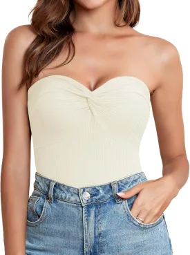 Womens Strapless Tube Tops Cute Knit Tank Top Sexy Ribbed Twisted Knot Front Sleeveless Backless Y2K Going Out Cami Tank Top