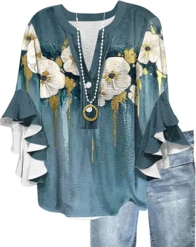 Womens Tops 3/4 Length Sleeves Floral Shirts Flowy Ruffle Sleeve Tops Half Button Down Shirt Summer V Neck Blouse
