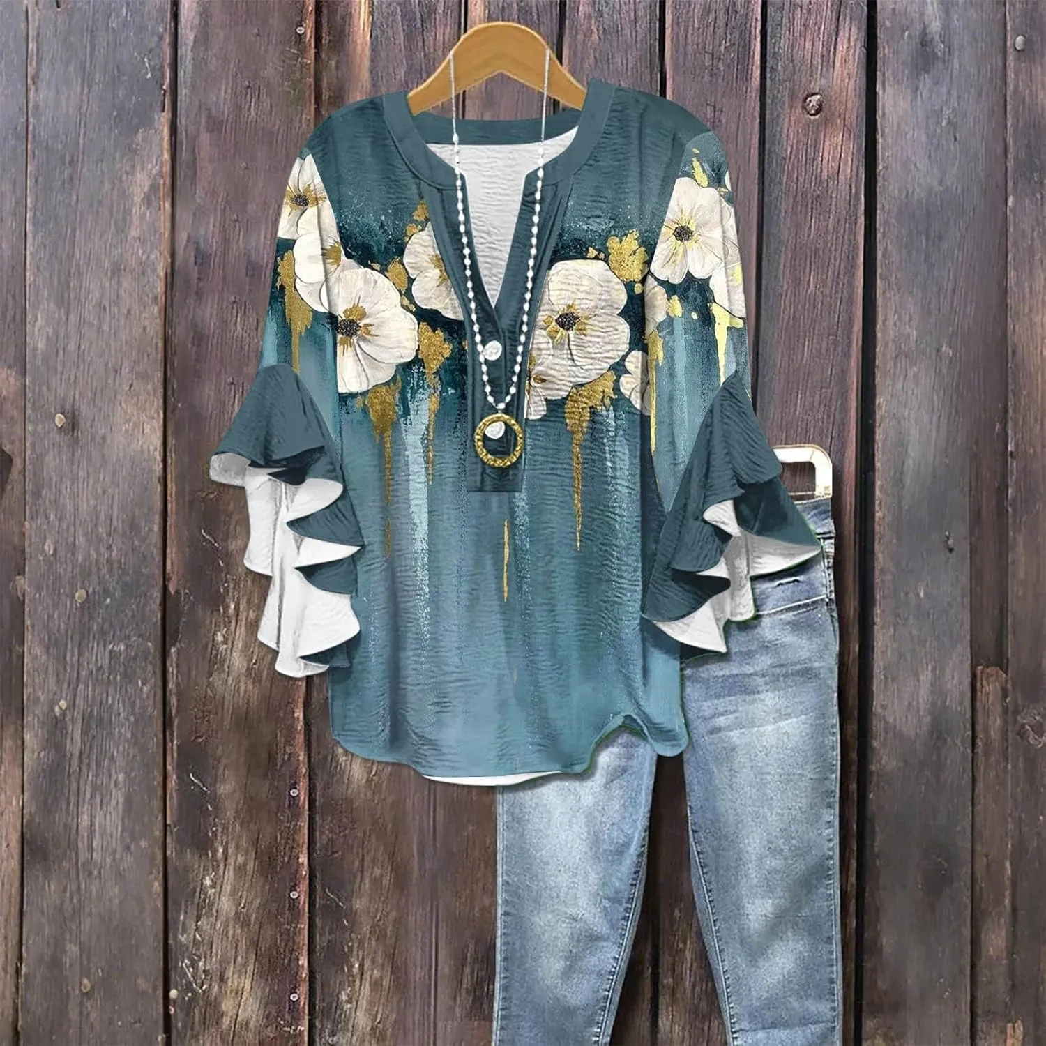 Womens Tops 3/4 Length Sleeves Floral Shirts Flowy Ruffle Sleeve Tops Half Button Down Shirt Summer V Neck Blouse