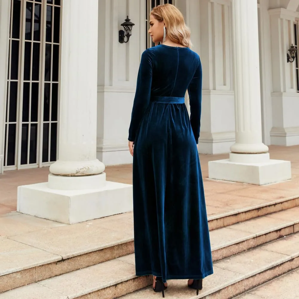 Women's Velvet Long Sleeve Maxi Dress Elegant Round Neck Winter A Line Fall Winter Evening Party Long Dress