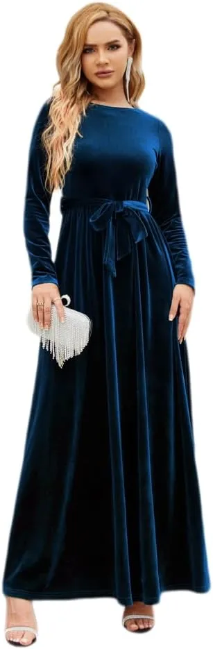 Women's Velvet Long Sleeve Maxi Dress Elegant Round Neck Winter A Line Fall Winter Evening Party Long Dress