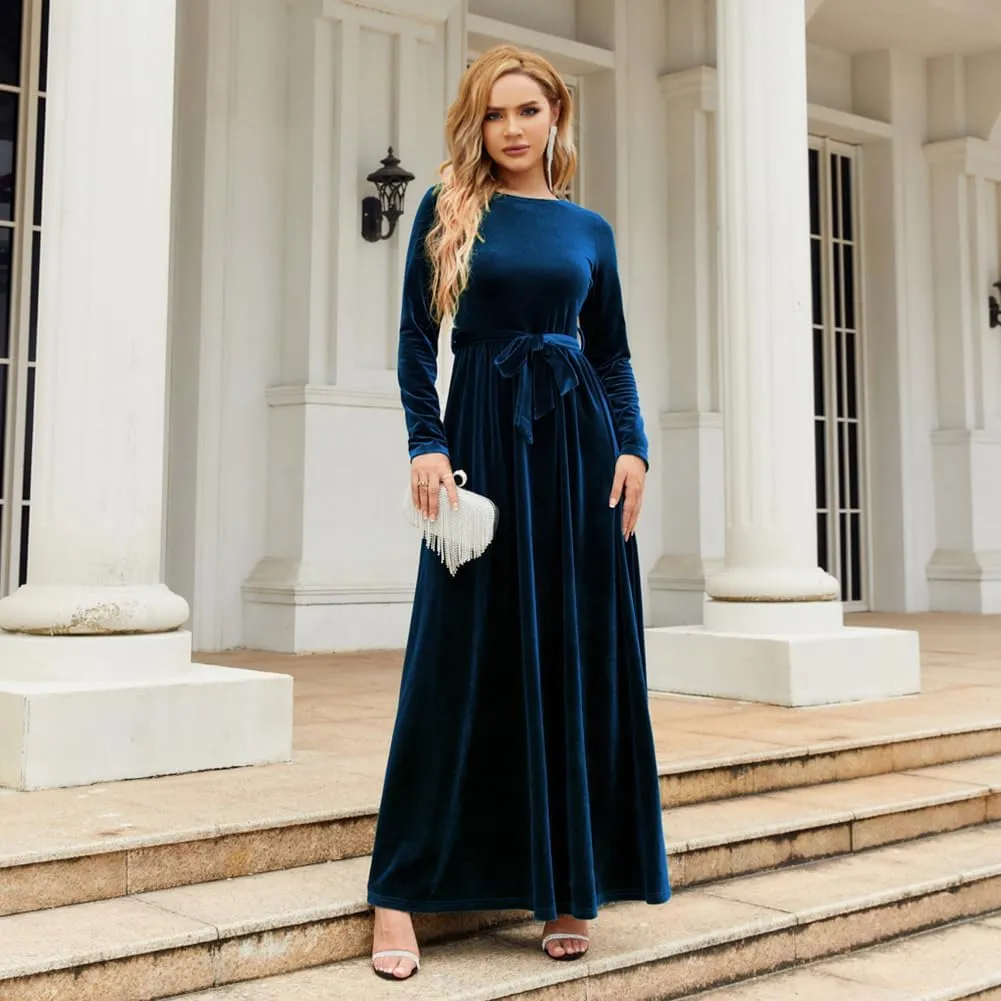 Women's Velvet Long Sleeve Maxi Dress Elegant Round Neck Winter A Line Fall Winter Evening Party Long Dress