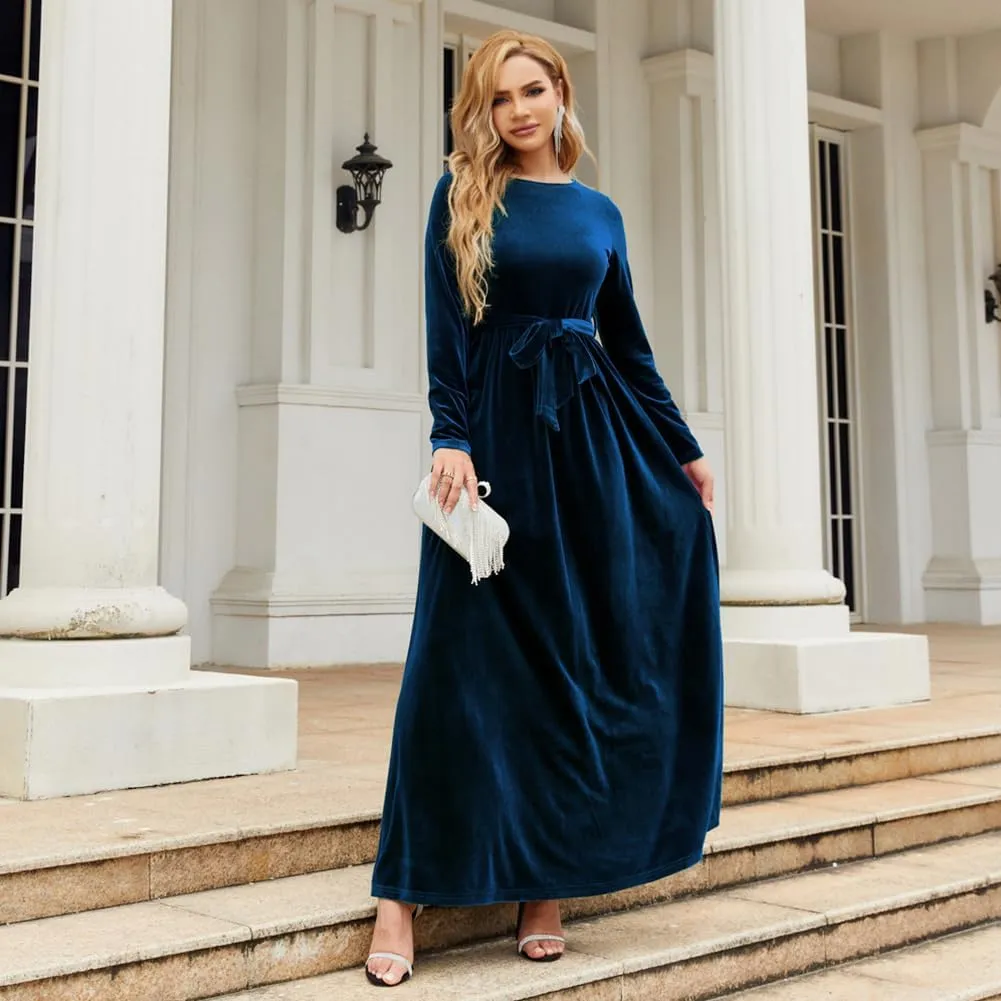 Women's Velvet Long Sleeve Maxi Dress Elegant Round Neck Winter A Line Fall Winter Evening Party Long Dress