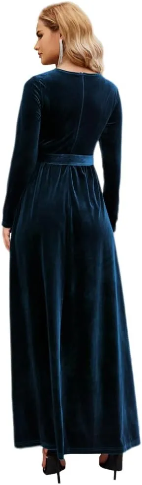 Women's Velvet Long Sleeve Maxi Dress Elegant Round Neck Winter A Line Fall Winter Evening Party Long Dress