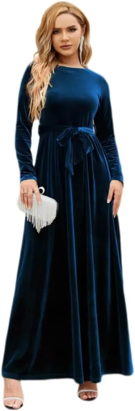 Women's Velvet Long Sleeve Maxi Dress Elegant Round Neck Winter A Line Fall Winter Evening Party Long Dress