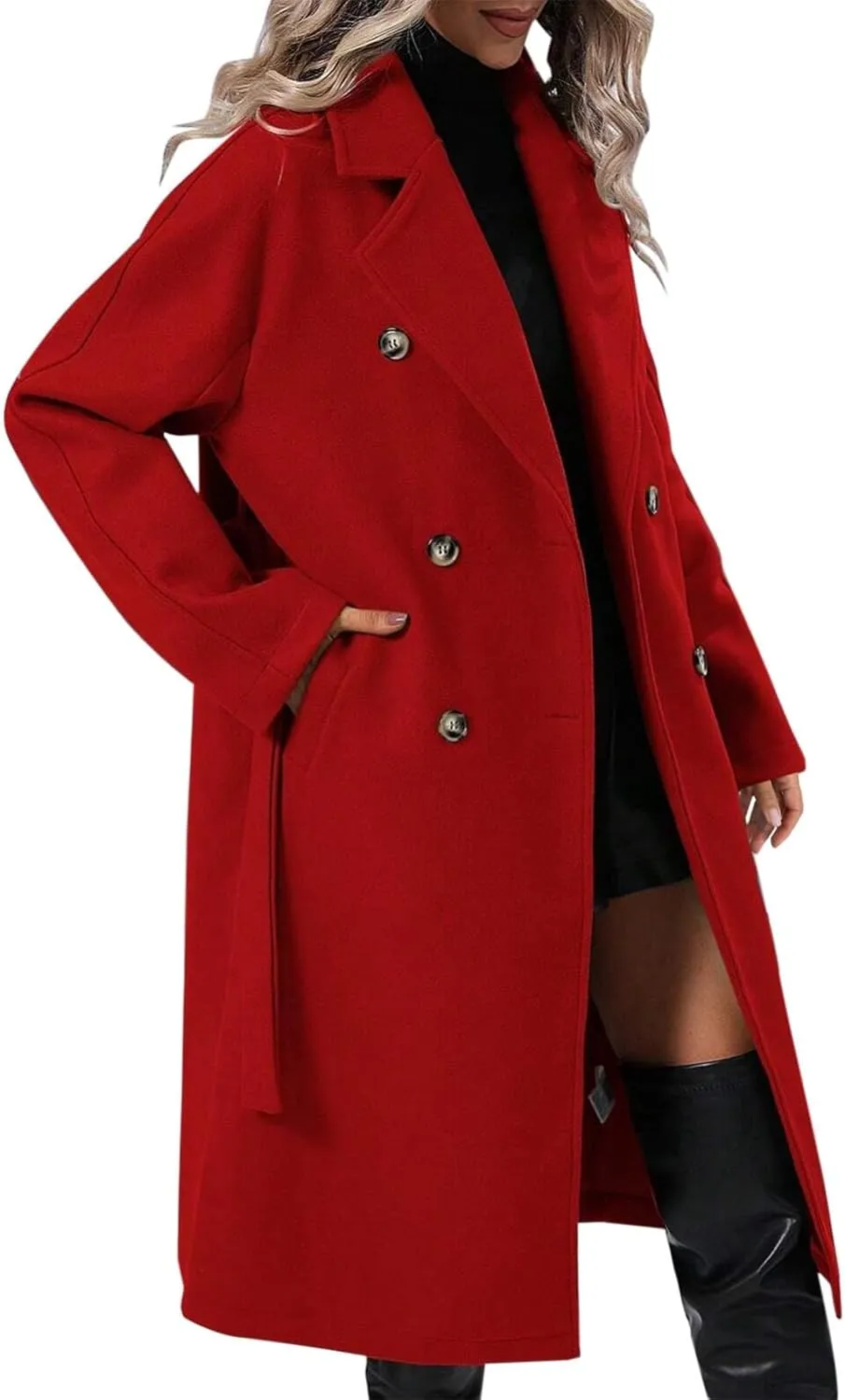 Women's Wool Blend Wrap Coat Notch Lapel Classic Double Breasted Overcoat Pea Trench Coat with Belt