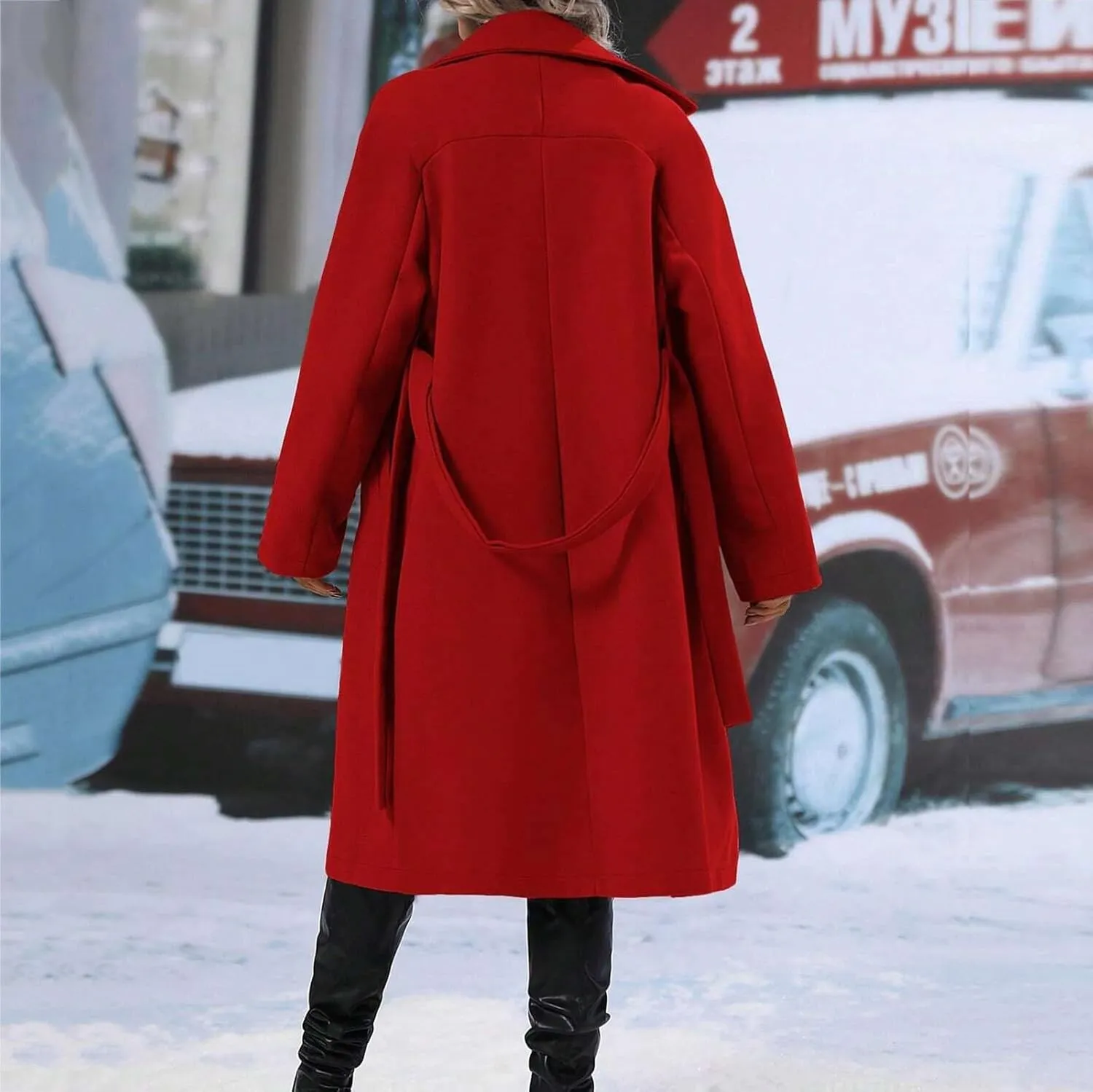 Women's Wool Blend Wrap Coat Notch Lapel Classic Double Breasted Overcoat Pea Trench Coat with Belt