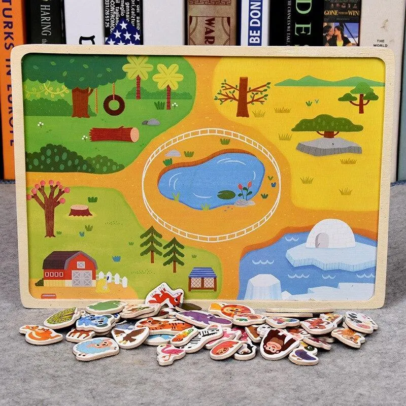 Wooden Magnetic Puzzle Animal Traffic Vehicle Scenes Game Children Baby Early Educational Learning Toys Jigsaw Puzzles for Kids